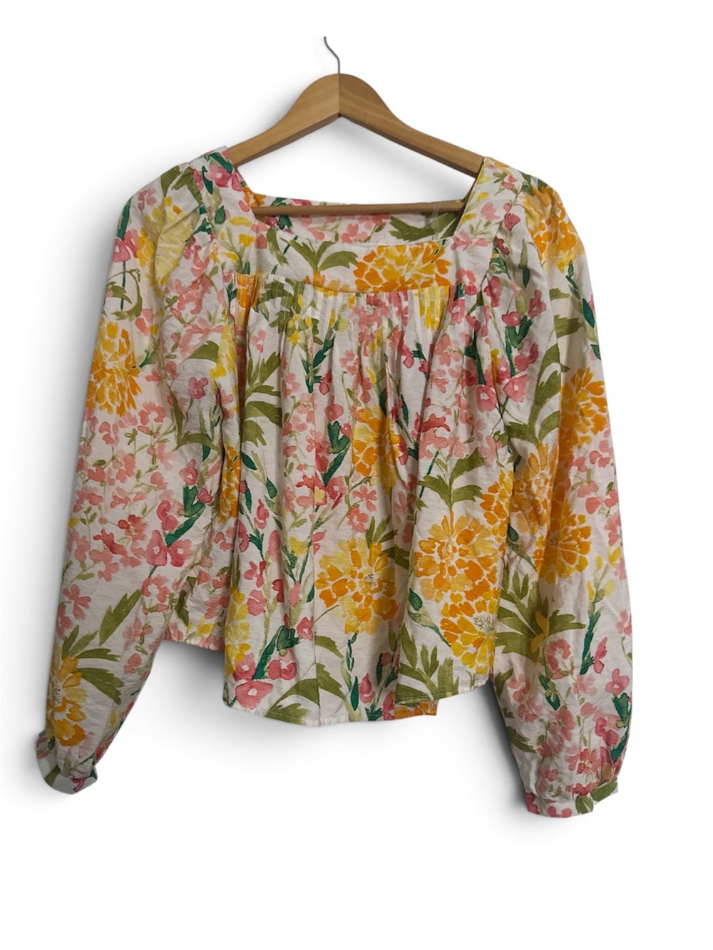 Floral Square-Neck Peasant Blouse - Pink, Yellow & Green